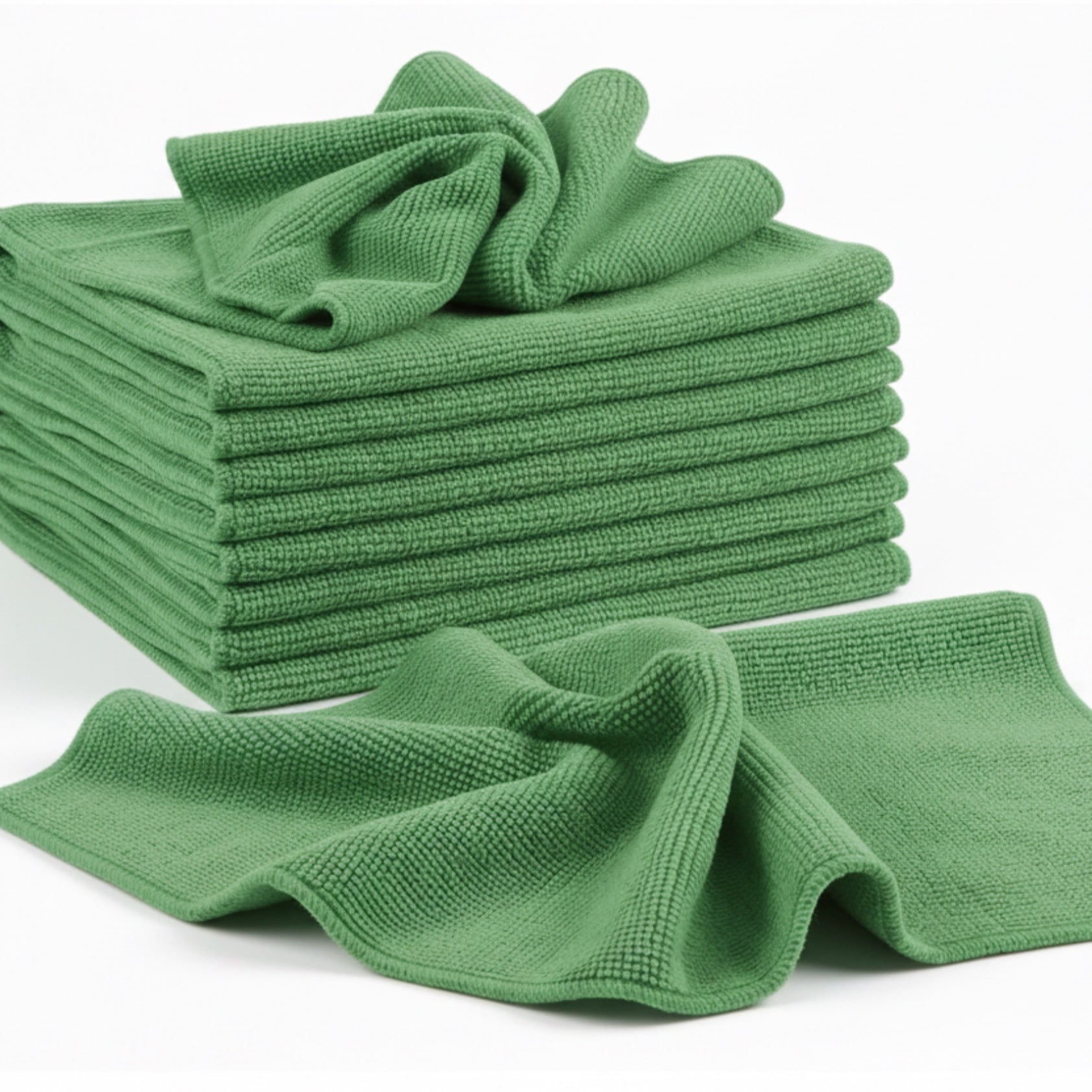 Grüne PROFI-Microfasertücher im 10er, 50er oder 100er Pack. 40x40 cm Reinigungstücher für die professionelle Reinigung. Teil des Hygiene-Farbleitsystems für Nassbereich & Badezimmer. Trocknergeeignet.