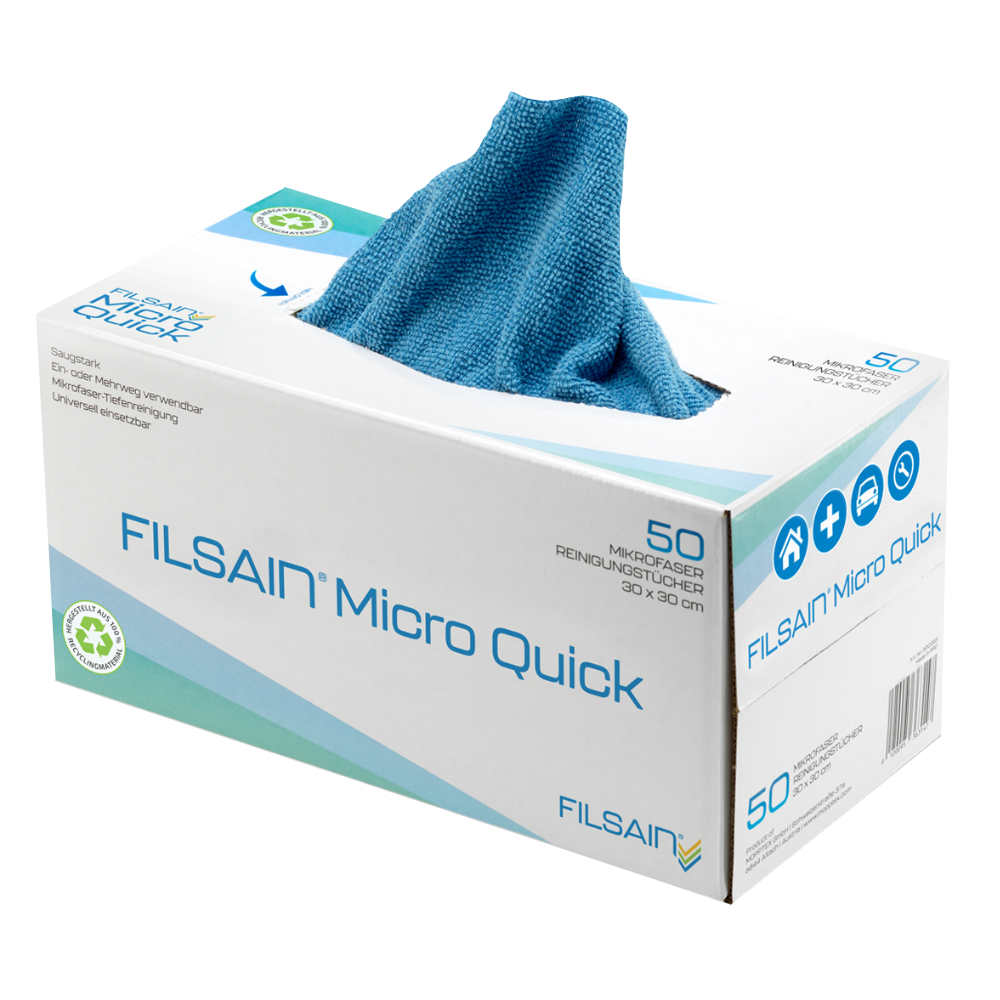 Praktische Spenderbox mit blauen Mikrofasertüchern für die schnelle Entnahme bei Reinigungsarbeiten.