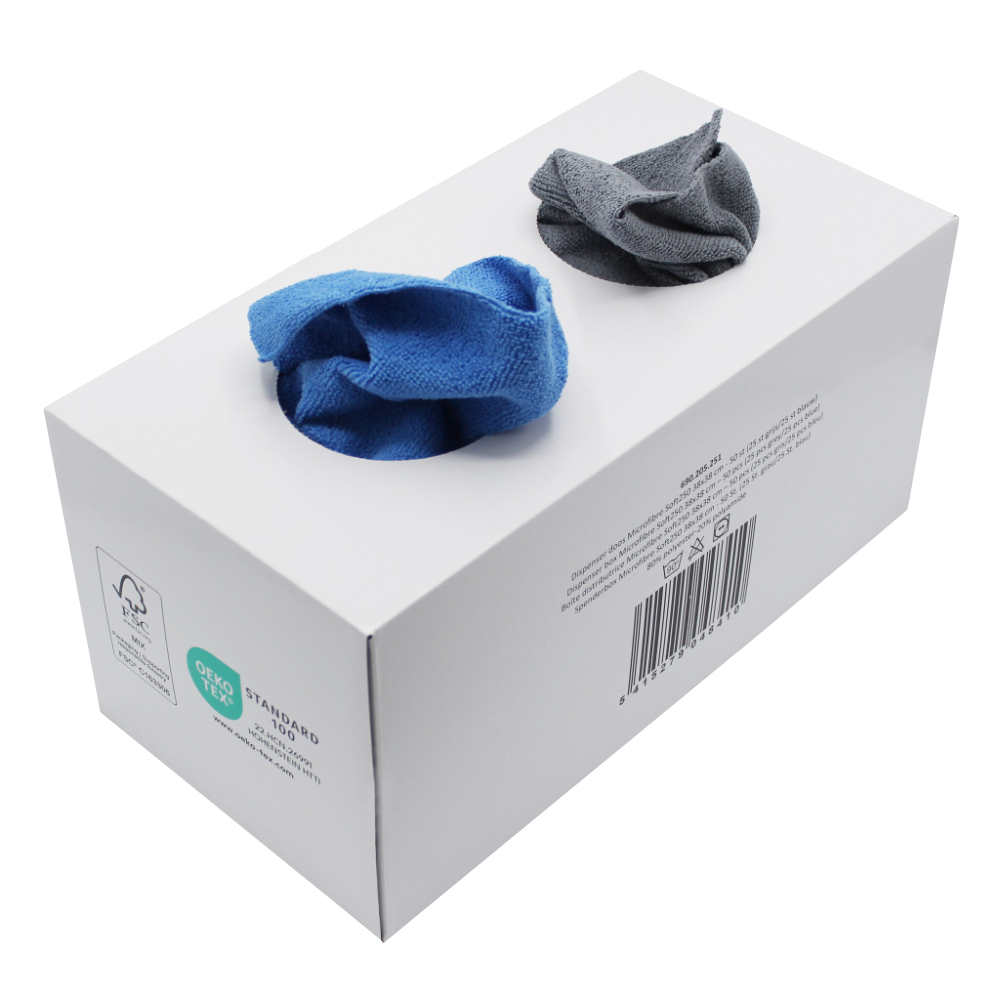 Mikrofasertucherbox aus der zwei Tücher rauspitzen eines in blau und eines in grau