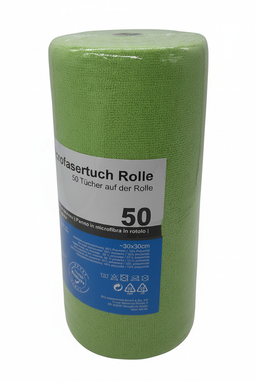 Nachhaltige Mikrofasertuch-Rolle in Grün: 50 fusselfreie und saugstarke Tücher (30x30 cm). Die grüne Farbe eignet sich ideal für Farbleitsysteme in der Reinigung, um Kreuzkontaminationen zu vermeiden.