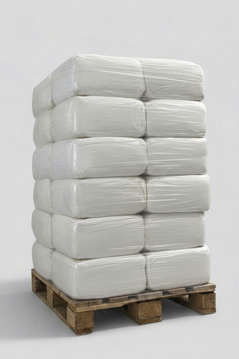 300 kg Industrieputzlappen Flanell Bettwäsche weiß auf einer EURO-Palette. 30 Presswürfel mit jeweils 10 kg auf einer Palette fixiert