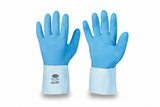 Paar blaue Latex-Arbeitshandschuhe mit strukturierter Innenfläche für besseren Griff.