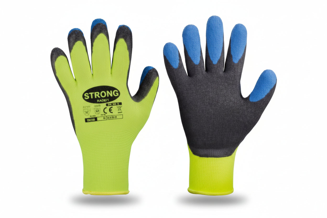 Gelbe Winter-Arbeitshandschuhe mit kälteisolierendem Futter und robuster schwarz-blauer Beschichtung.