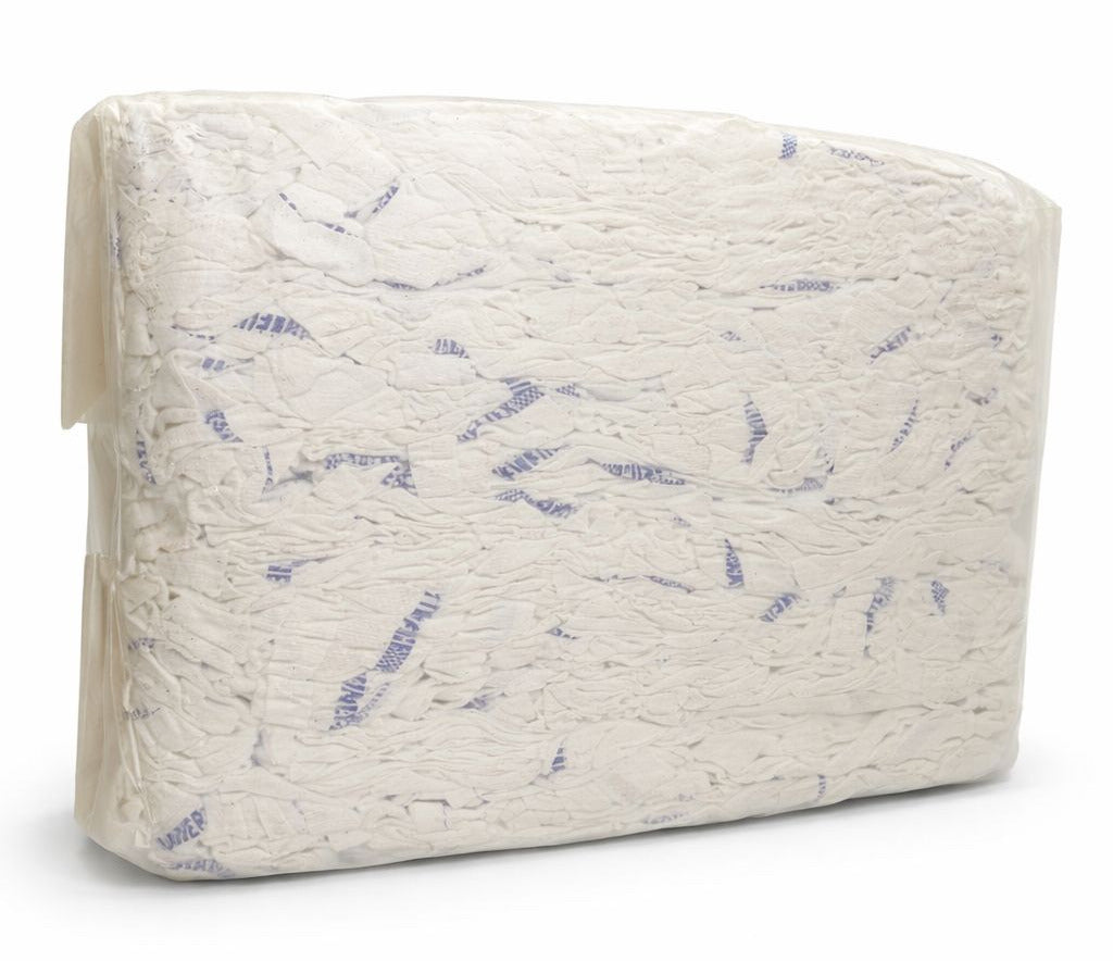 Weiße Industrieputzlappen aus geschnittenen Handtuchrollen, saugstark im 10 kg Würfel.