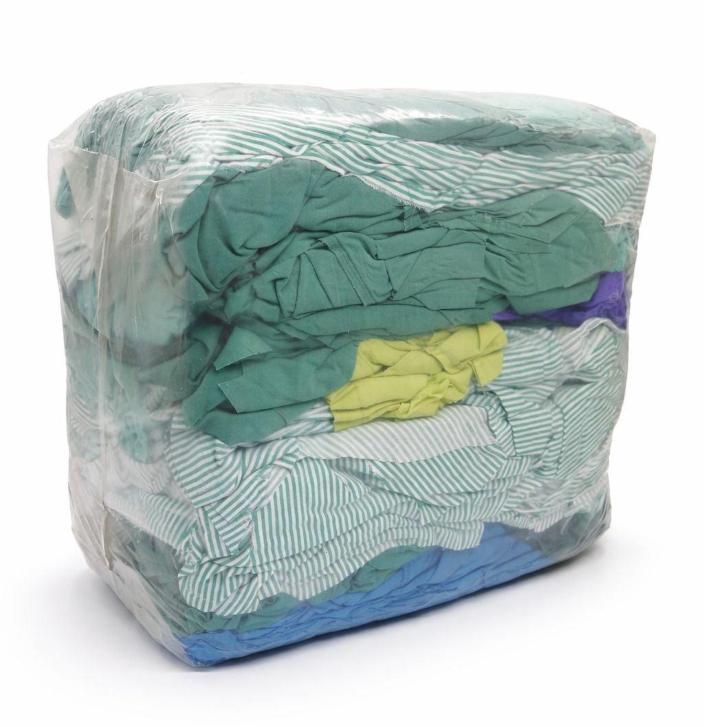Industrieputzlappen aus grünem Kattun, gepresst im kompakten 10 kg Würfel für Werkstätten.