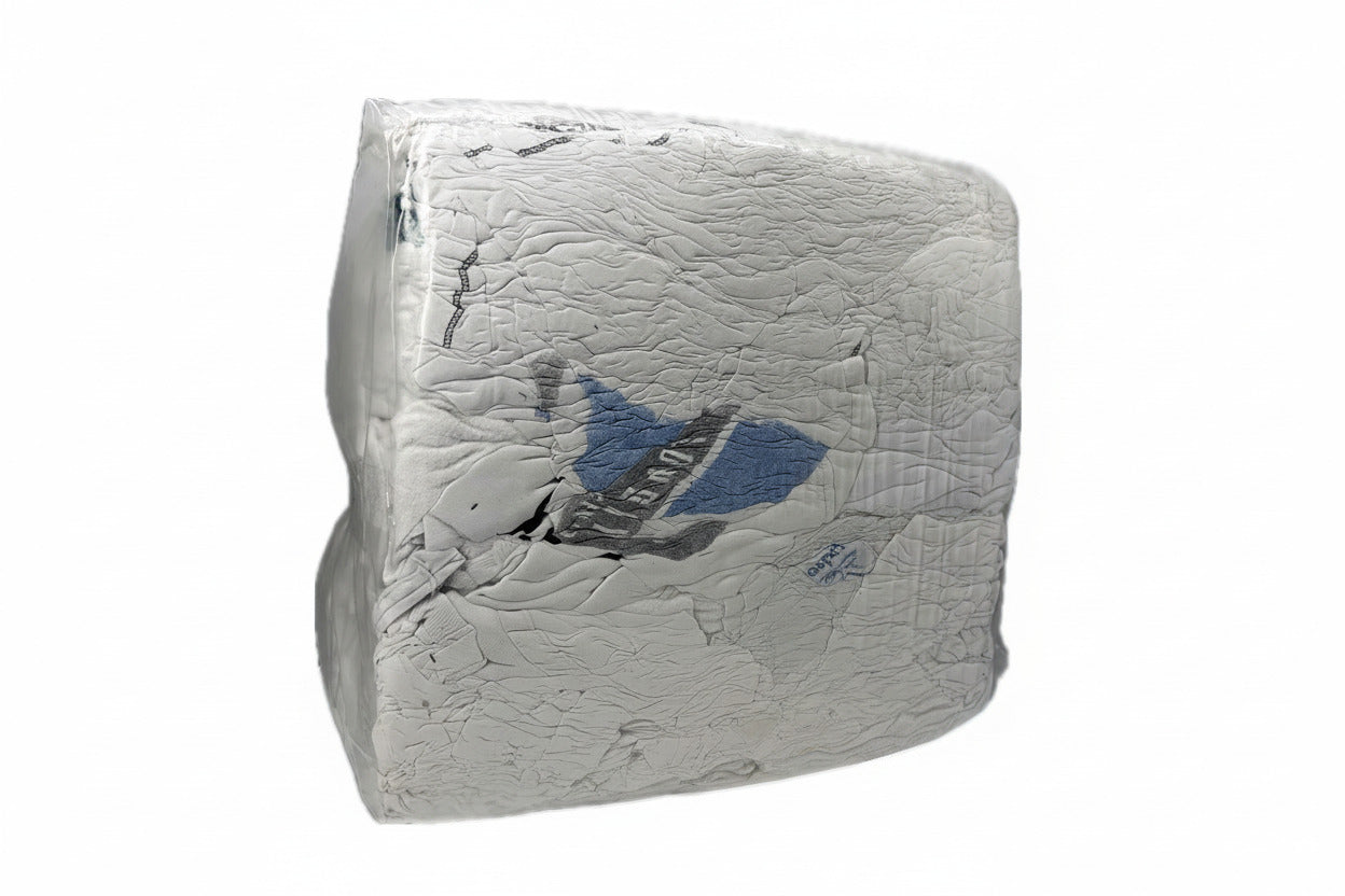 Weißes Putztuch-Trikot: mit kleinen Farbeinschlüsse, Premium-Industrieputzlappen im kompakten 10 kg Presswürfel.