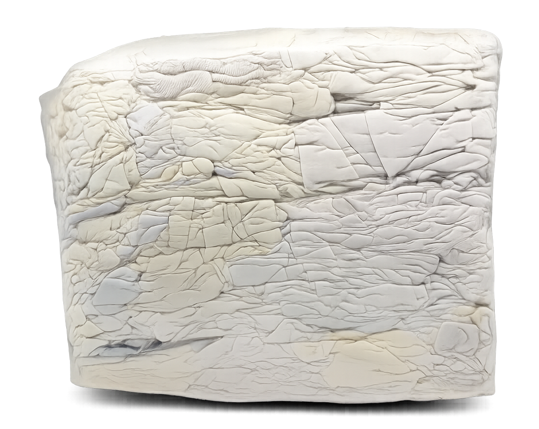 Weiße Industrieputzlappen aus Trikot, saugstark und weich im 10 kg Würfel für Polierarbeiten.