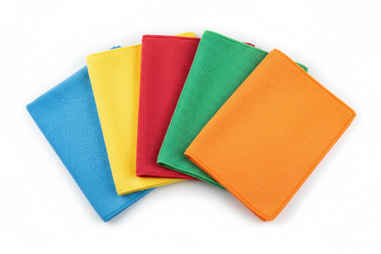 Buntes Set aus Mikrofasertüchern in Blau, Gelb, Rot, Grün und Orange für Farbsystem-Reinigung.