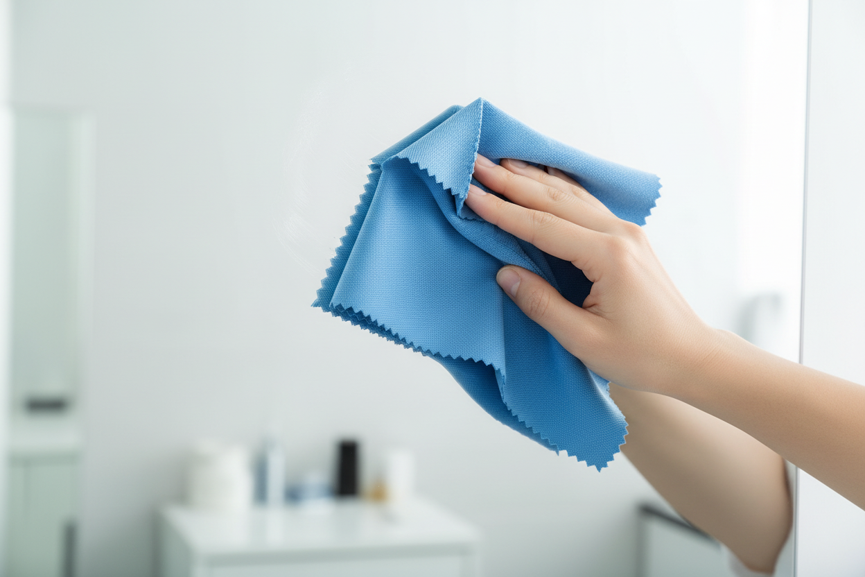 Anwendung: Streifenfreies Polieren einer Spiegelfläche mit dem Ultra-Glaspolish Mikrofasertuch.