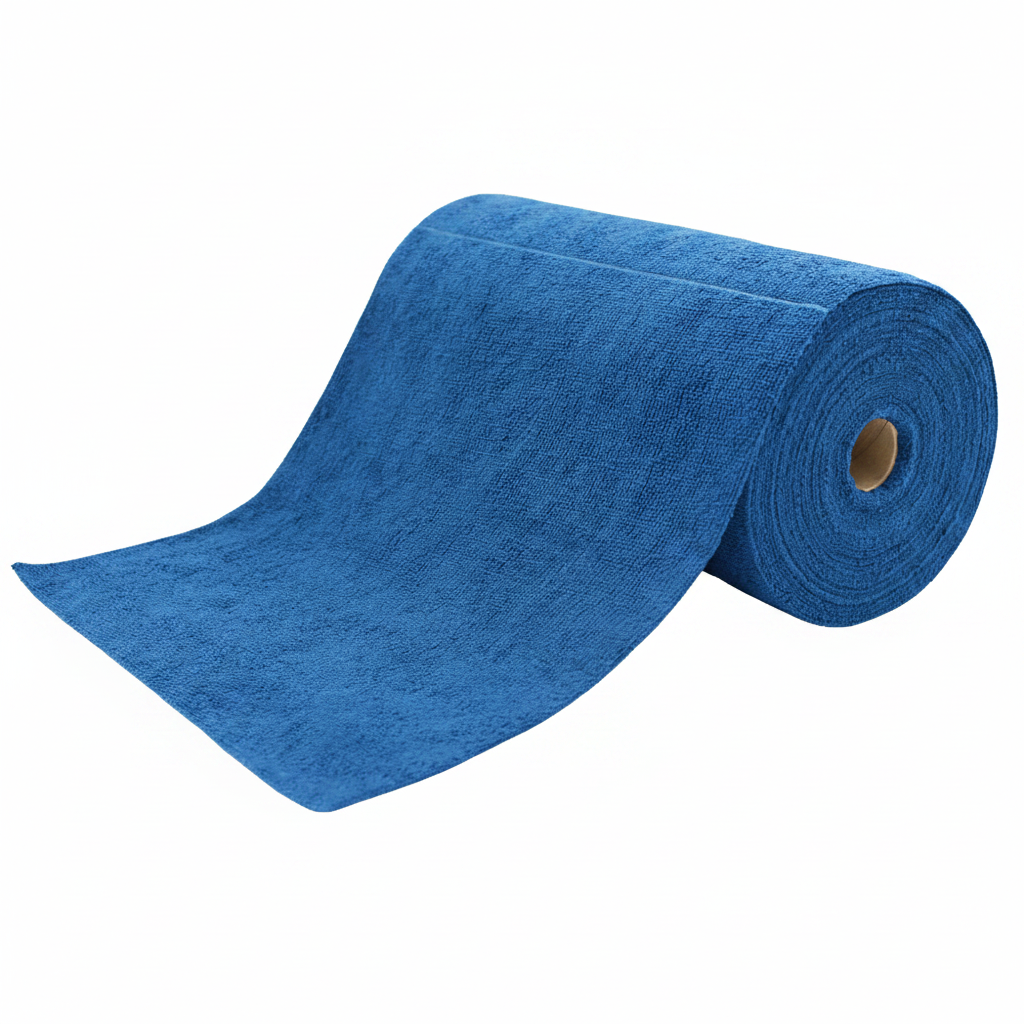Vielseitige blaue Mikrofasertuch-Rolle: 50 saugstarke, perforierte Tücher (30x30 cm) für die streifenfreie Reinigung von Glas, Lacken und Oberflächen.