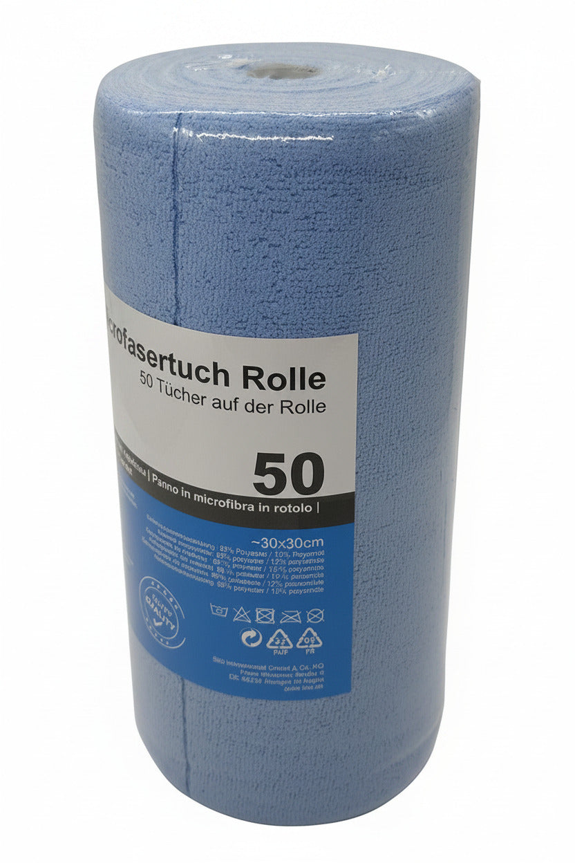 Kompakte Rolle mit 50, blauen wiederverwendbaren Mikrofasertüchern (30x30cm). Die Tücher sind fusselfrei, saugstark und waschbar – eine nachhaltige Alternative zu Papierrollen für Werkstatt, Gastronomie und Auto.