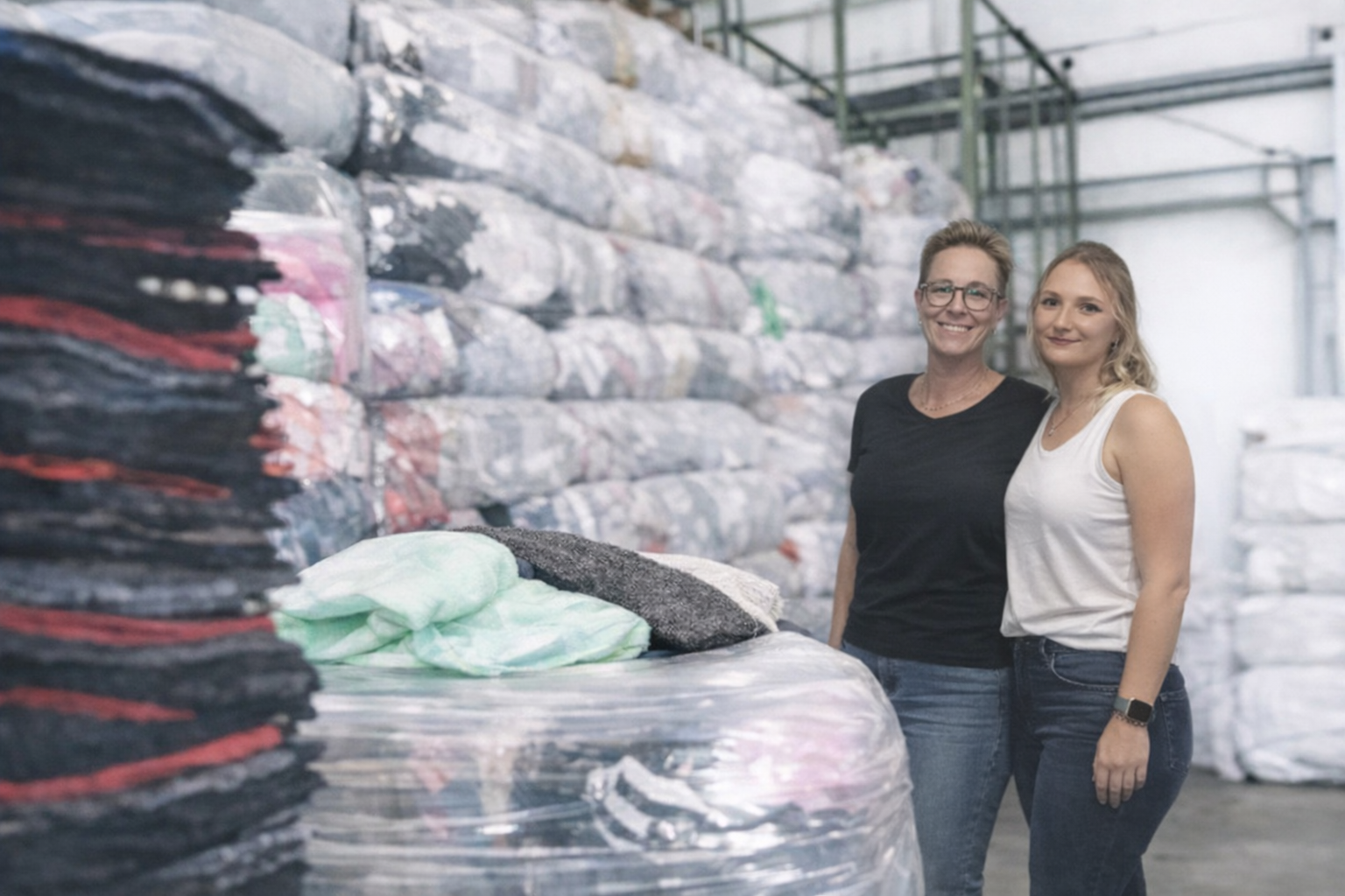 zwei Frauen in einer halle mit Putzlappen