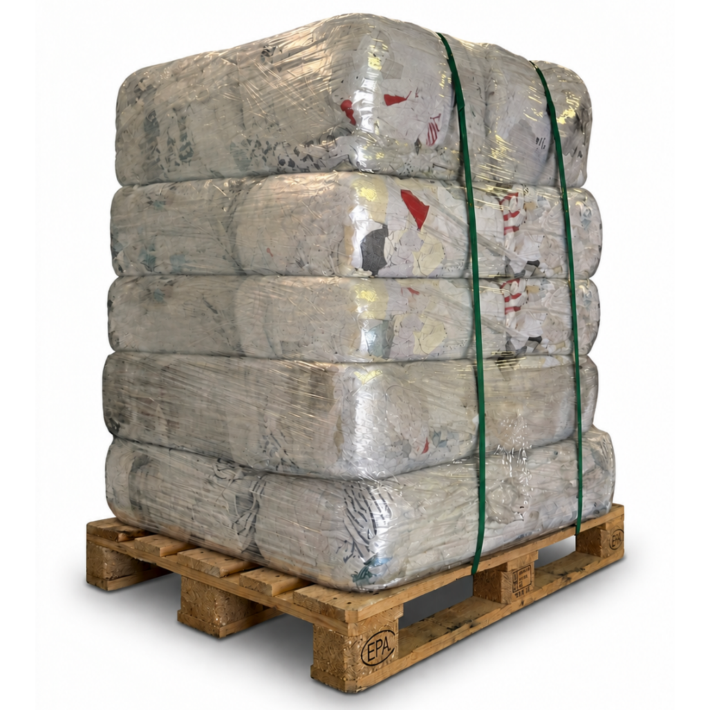 Euro Palette mit 30 Würfeln á 10 kg Industrieputzlappen Trikot weiß 2, weiß mit kleinen Farbeinschlüssen, vom RH Putzlappenshop