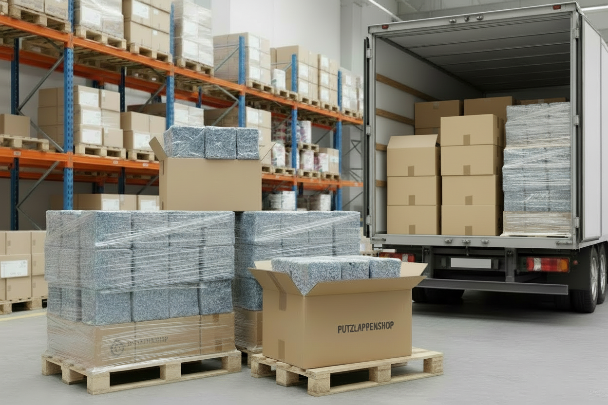 ein LKW in einer Lagerhalle mit Putzlappen