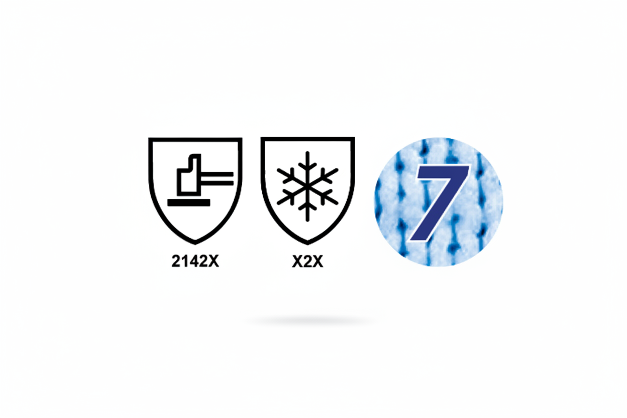 Piktogramm-Set: Symbole für mechanischen Schutz (Hammer 2142X), Kälteschutz (Schneeflocke X"X) und Atmungsaktivität.