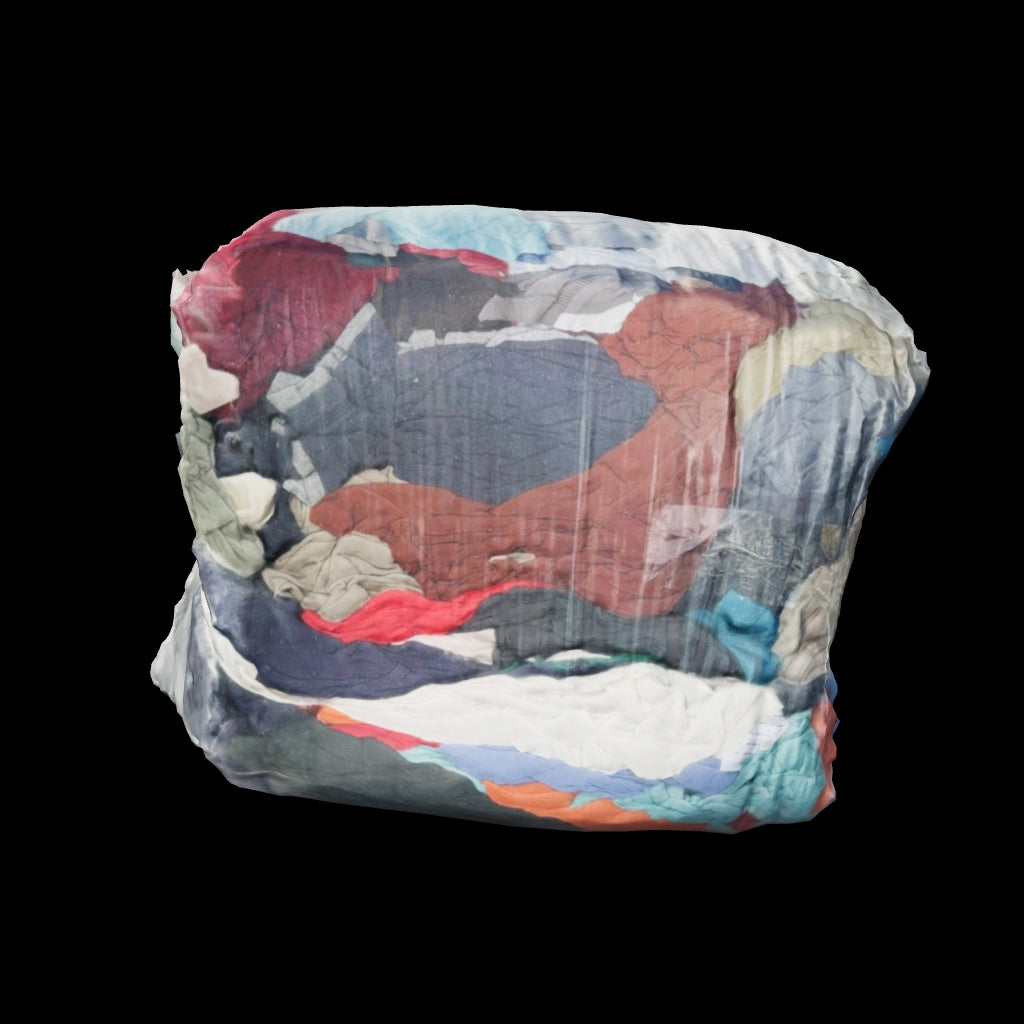 Interaktives 3D-Modell eines 10 kg Würfels bunter Trikot-Industrieputzlappen.